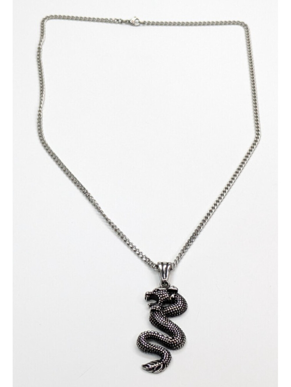 Stainless Steel Textured 3" Serpent Snake Dragon Pendant Necklace 24" Long